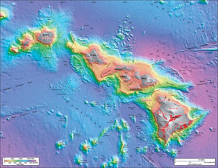 By USGS: Barry W. Eakins, Joel E. Robinson,Japan Marine Science and Technology Center: Toshiya Kanamatsu, Jiro Naka,University of Hawai'i: John R. Smith,Tokyo Institute of Technology: Eiichi Takahashi, andMonterey Bay Aquarium Research Institute: David A. Clague - Bathymetry image PDF (3.6 MB) from publication USGS Geologic Investigations Series Map I-2809: Hawaii's Volcanoes Revealed, Public Domain, https://commons.wikimedia.org/w/index.php?curid=377937