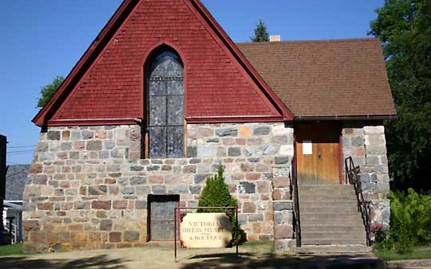 The entrance to the Victorian Dress Museum which used to be St. Paul’s Episcopal Church in Rugby, North Dakota.