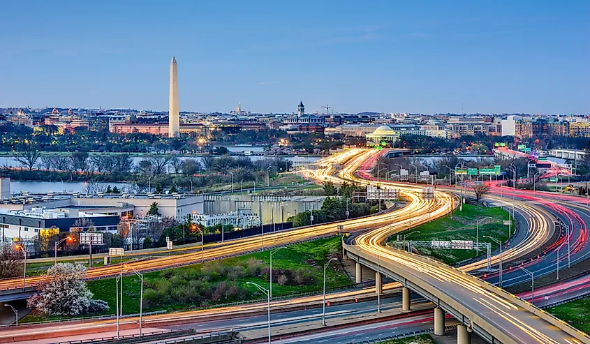 Washington, DC skyline of monuments and highways