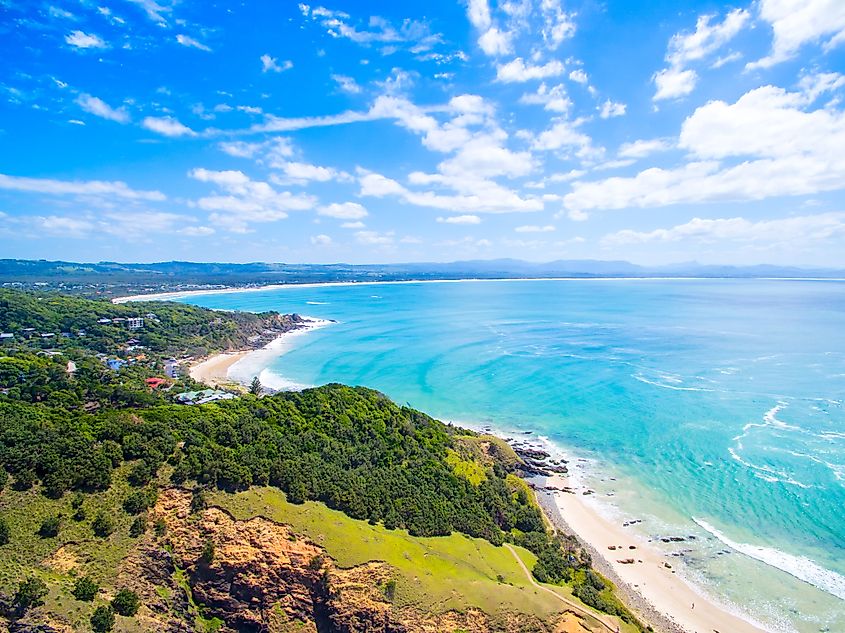 An aerial view of the spectacular coastline of Byron Bay, New South Wales