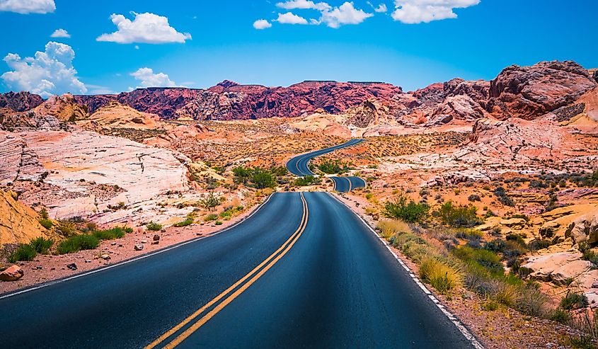 Valley of Fire panoramic road with red mountains lining the highway