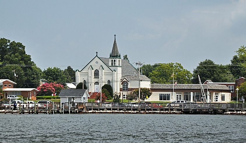 The waterfront buildings at the port of Solomon Island in Maryland.