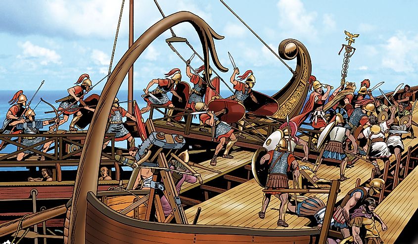 Ancient Rome - Roman ship lowers crow and Roman soldiers attack