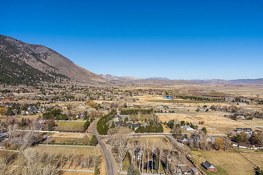 Aerial view of the Genoa, Nevada, area in Carson Valley with barren trees, farmland and ranches. 