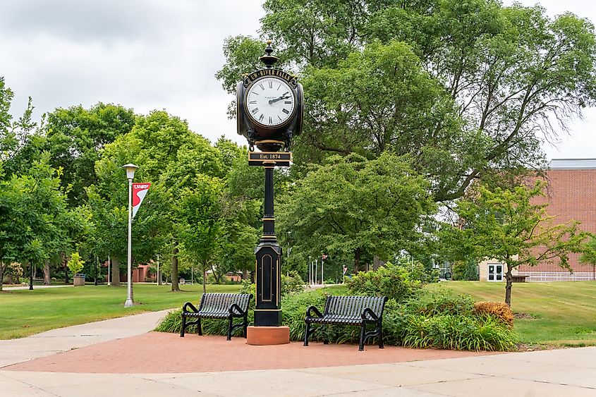 Campus clock and walkway on the campus of the University of Wisconsin-River Falls.