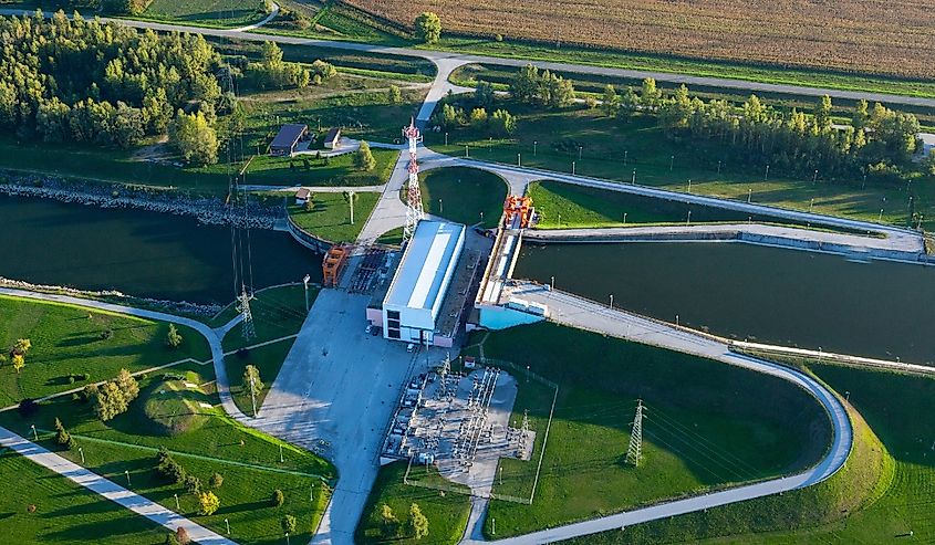 Aerial view of the hydropower dam Dubrava on the Drava River