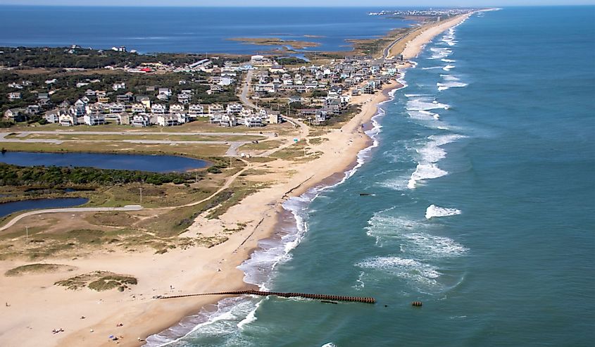 Aerial view along North Carolina Outer Banks showing Buxton to Avon