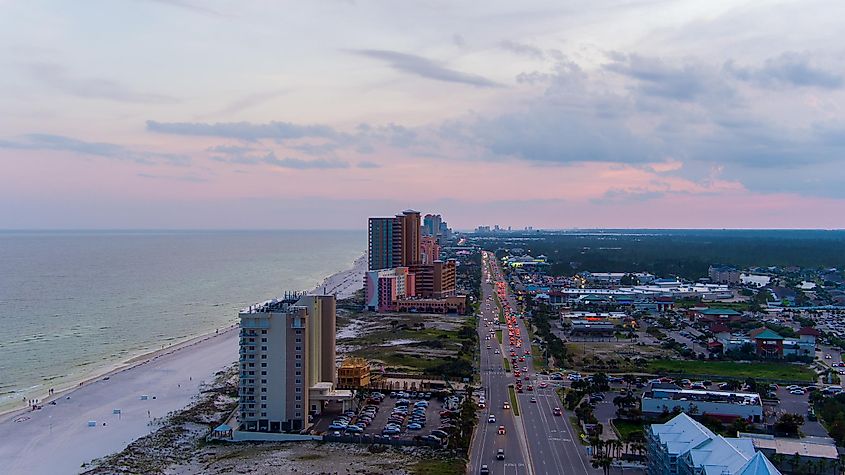 Aerial view of Orange Beach, Alabama at sunset