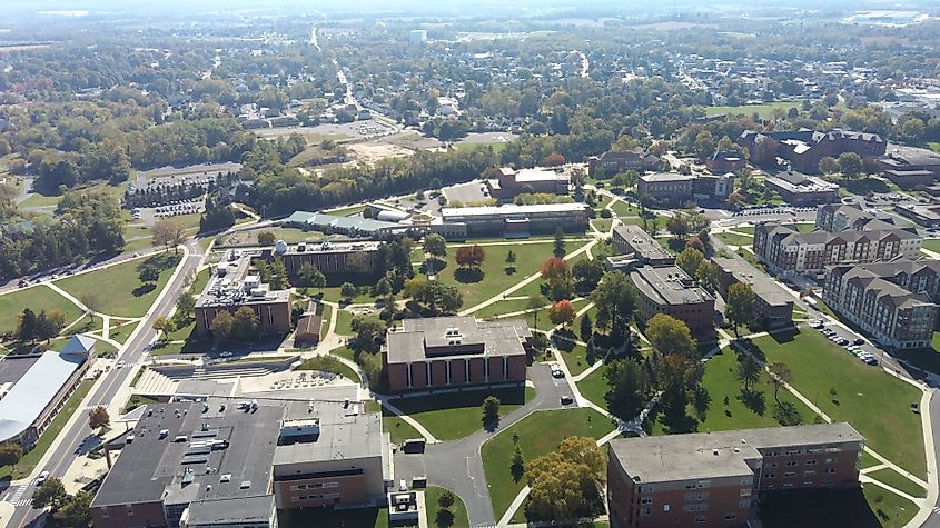 Aerial view of Shippensburg University in Shippensburg, Pennsylvania.