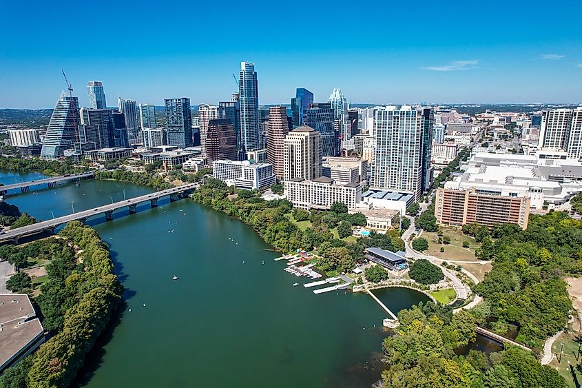 Aerial views from over downtown Austin and Lady Bird Lake.
