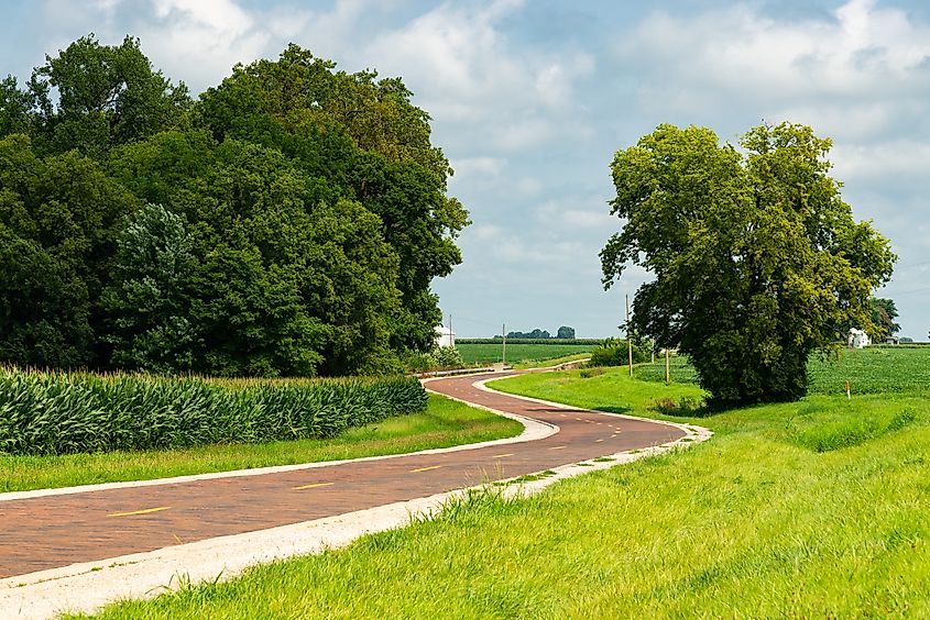 The historic Original Route 66 Brick Road in Auburn, Illinois. (Credit: Eddie J. Rodriquez via Shutterstock)