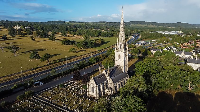 St. Asaph, Denbighshire, Wales, Britain, August 31st, 2025, Aerial view of St Asaph Church and graveyard.