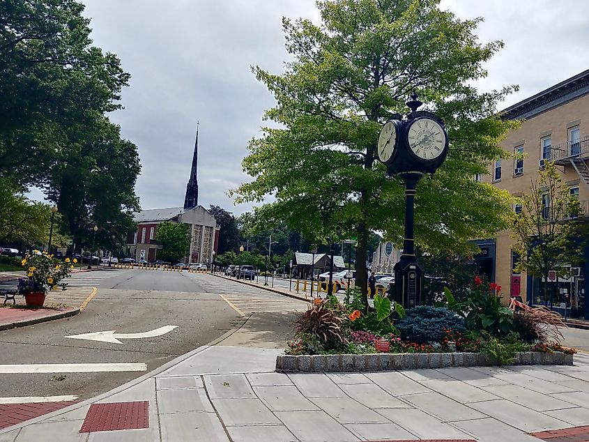 View of a vintage street clock at Van Neste Square in downtown Ridgewood, New Jersey.