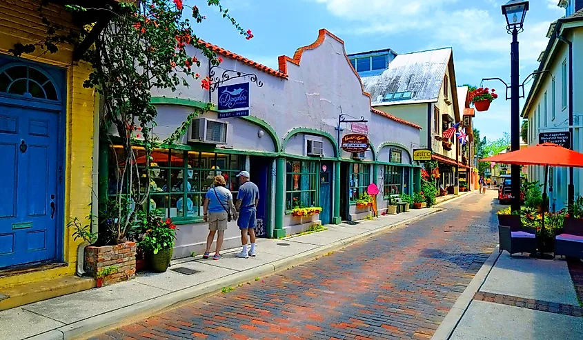 Aviles Street shopping district in historic St. Augustine, FL.