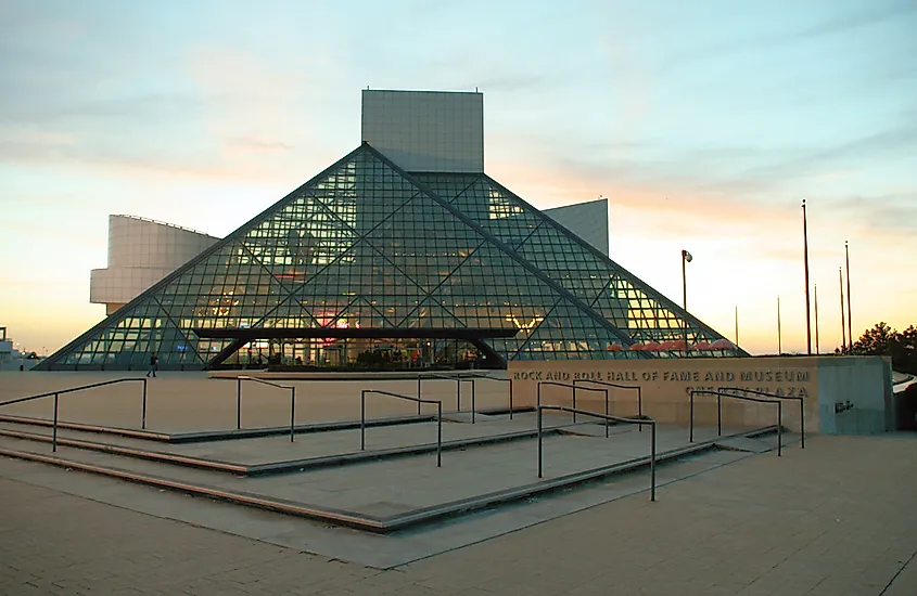 Rock and Roll Hall of Fame at sunset with orange sky in Cleveland, Ohio