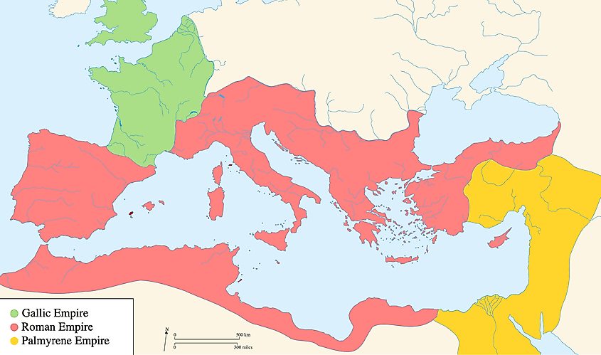 Map of Ancient Rome in 271 AD, with the break away Gallic Empire in the West and the Palmyrene Empire in the East.
