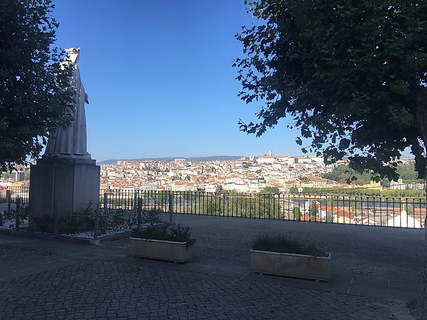 A Virgin Mary statue overlooking the city of Coimbra, Portugal