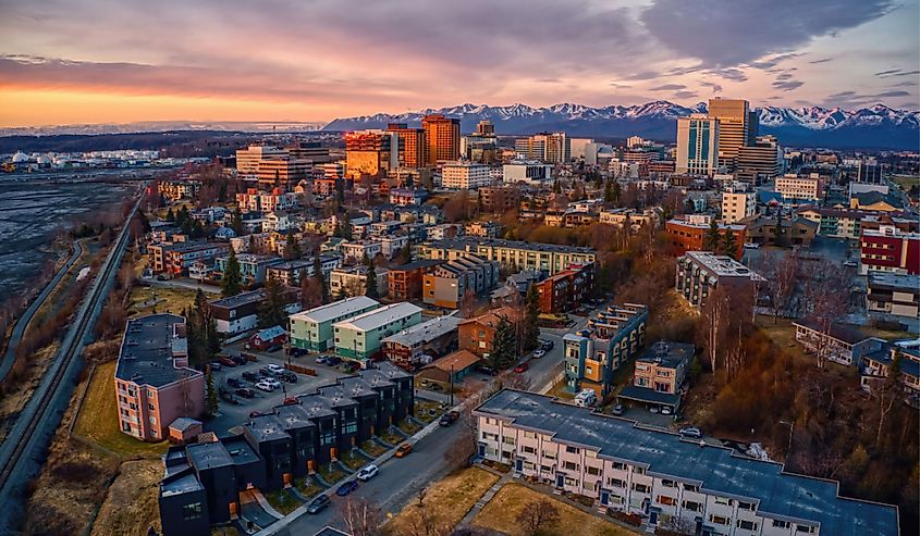 Aerial View of a Sunset over Downtown Anchorage, Alaska in Spring