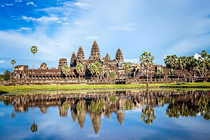 A skyline of the ancient city Angkor Wat, Cambodia, at sunset