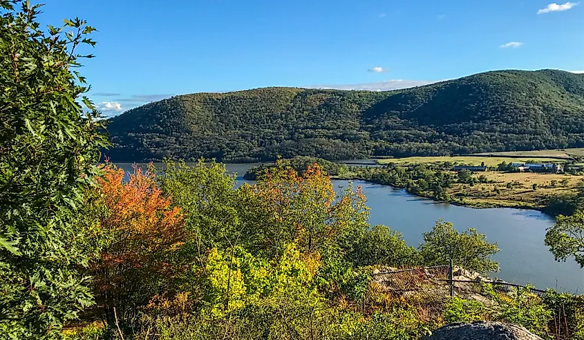 Lake Waramaug near Hopkins Vineyard in Warren, CT. View of the lake through trees.