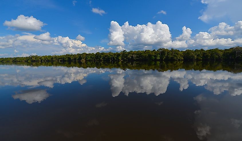 Cloud and rainforest reflections on the Guaporé - Itenez river near Cabixi, Rondonia state, Brazil, on the border with the Santa Cruz Department, Bolivia