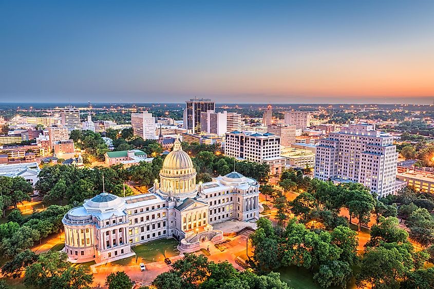 Jackson, Mississippi, USA cityscape at dusk.