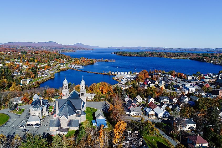 Aerial view of Lake Memphremagog in Newport, Vermont.
