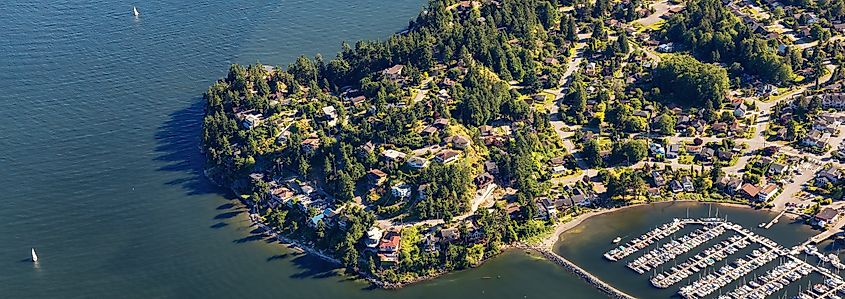 Aerial view of Gibsons, Sunshine Coast, BC, Canada.