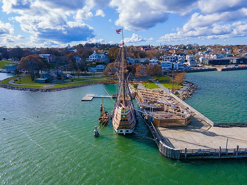 Mayflower II is a reproduction of the 17th century ship Mayflower docked at town of Plymouth, Massachusetts 