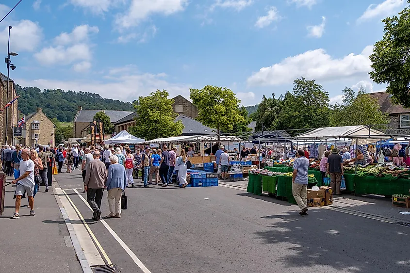 Market stalls in the street at Bakewell, Derbyshire.