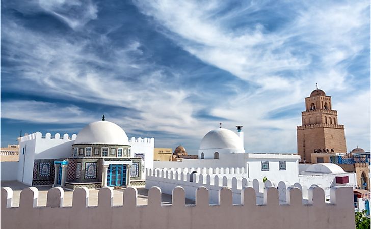 Dramatic looking sky with the Great Mosque in the background in Kairouan, Tunisia.