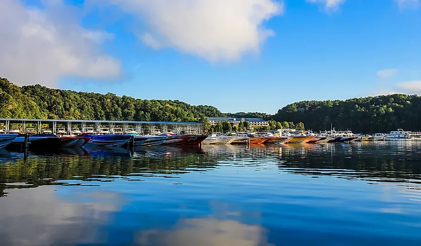 Boats sitting at State Dock as day breaks for the start of the Poker Run.