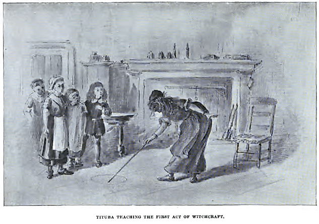 Illustration titled "Tituba Teaching the First Act of Witchcraft," which shows a supposed witch teaching children about witchcraft around the time of the Salem Witch Trials.