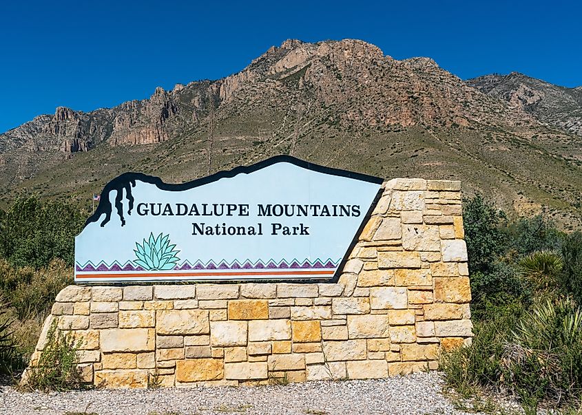 The Welcome to Guadalupe Mountains National Park sign in Texas.