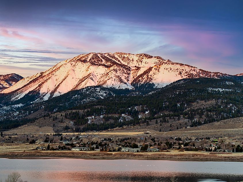 A view of the Washoe Lake, Mount Rose and Slide Mountain covered with snow in Washoe Valley, Nevada, near Reno