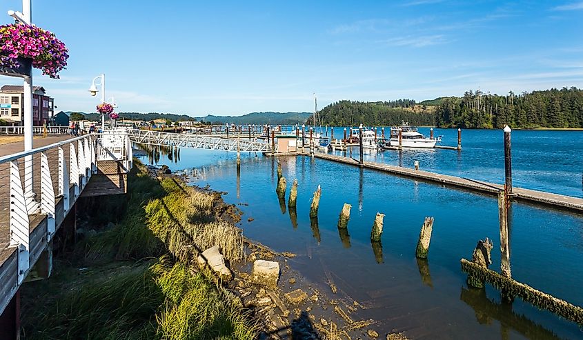 Riverwalk in Siuslaw River in Florence, Oregon.