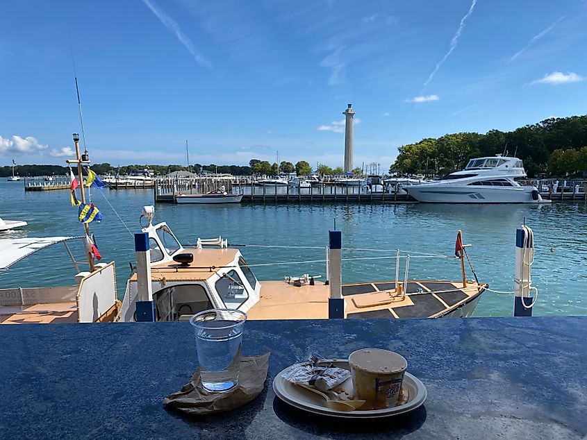 A bowl of lobster bisque sits on a bar top, overlooking a marina and tower monument.