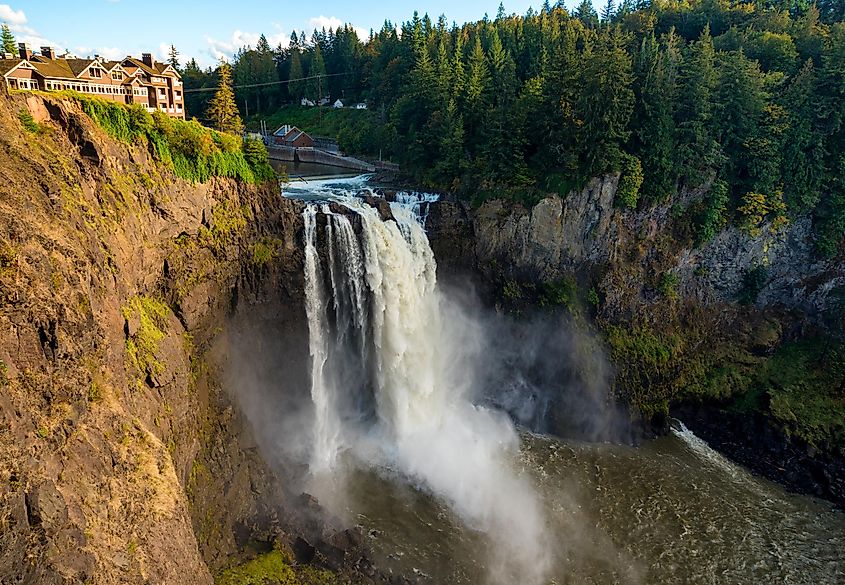 Wide view of Snoqualmie Falls, Washington, about an hour east of Seattle
