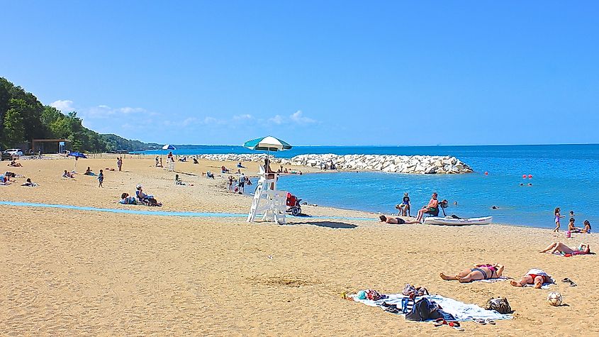 The Lake Michigan shoreline in Highland Park, Illinois.