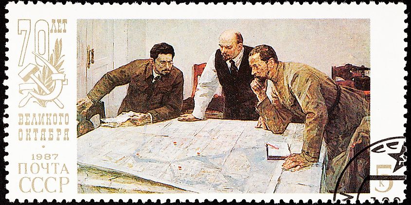 USSR - CIRCA 1987: A stamp printed in USSR shows Lenin planning strategy with two generals. 70th anniversary of the Russian revolution, circa 1987.