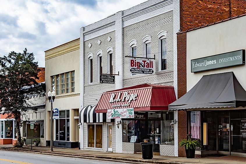 Statesboro, Georgia, USA - November 15 2020: Storefronts along the historic Statesboro Main Street.