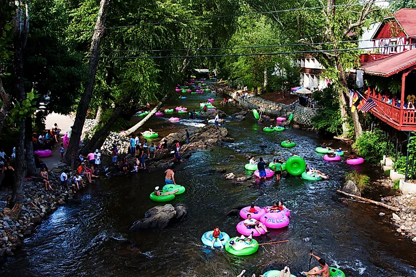 Tourists tubing the Chattahoochee River in Helen, Georgia