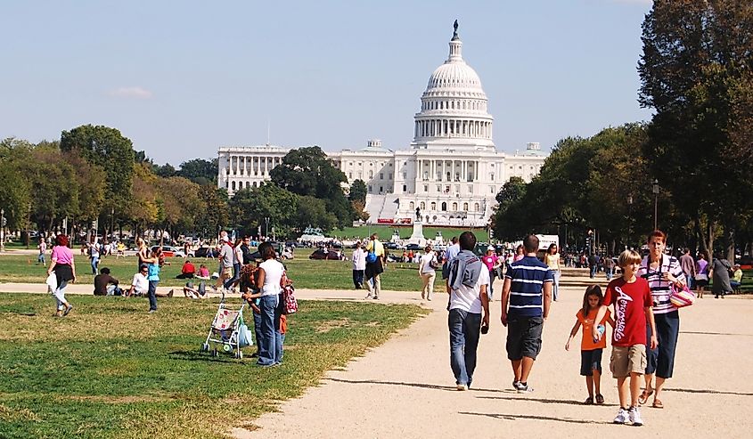People gathering at Washington DC Mall Area for the Kite Festival Event.