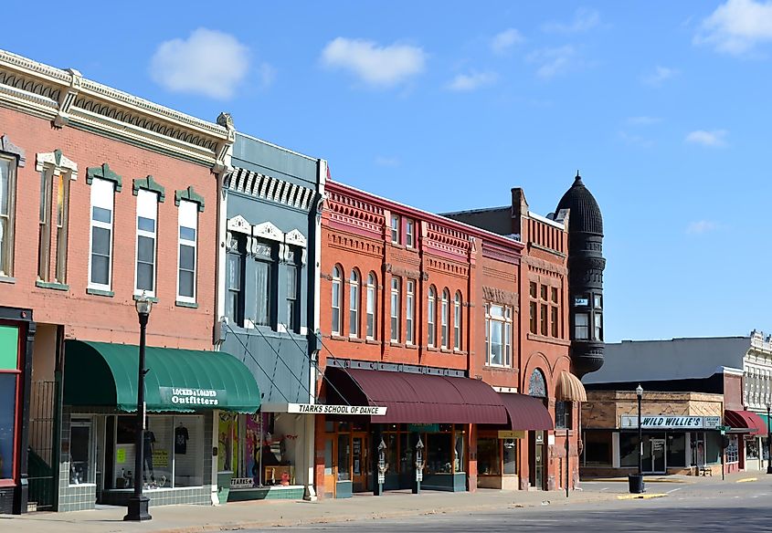 Harlan, Iowa-February 28th, 2016: View of the storefronts of the small town of Harlan, Iowa in Shelby County.