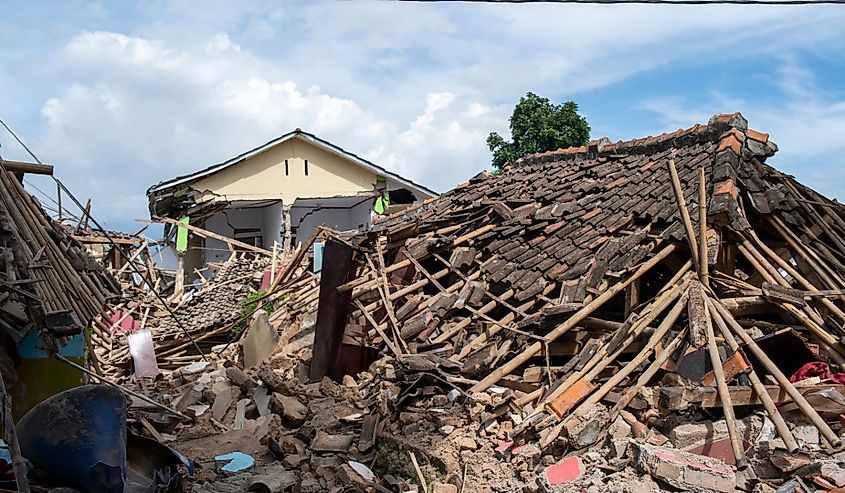 Cianjur, West Java, Indonesia - November 24 2022: Homes were damaged triggered by the 5.6 magnitude earthquake that killed at least 271 people, with hundreds injured.