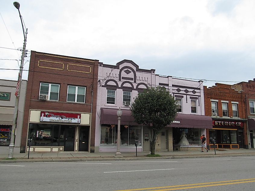 Street view of shops in Beaver Falls, Pennsylvania.