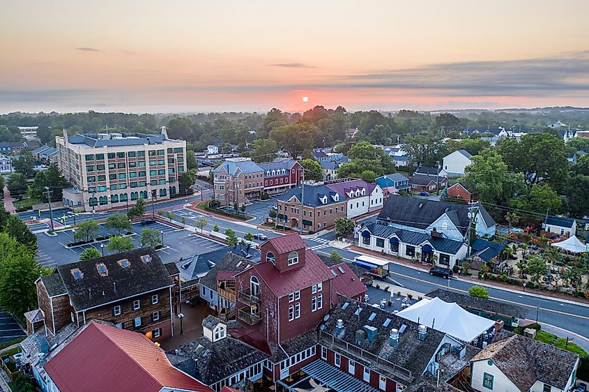 Aerial view of historic buildings in Leesburg, Virginia.