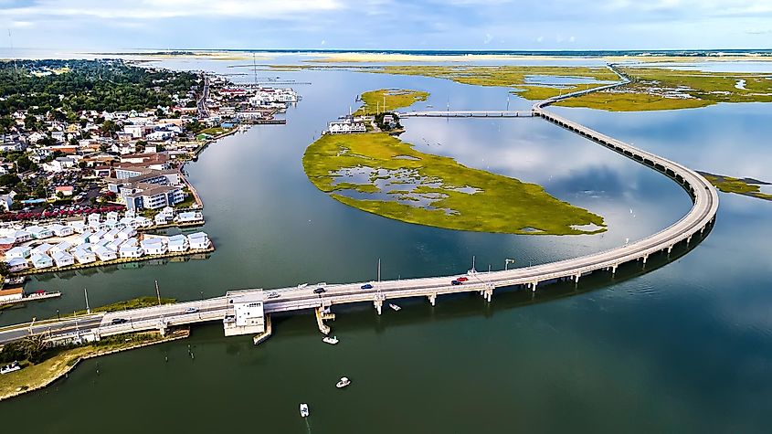 Aerial view of the Long Bridge to Chincoteague Island in Virginia. Reserve with a wide variety of birds and wild horses.