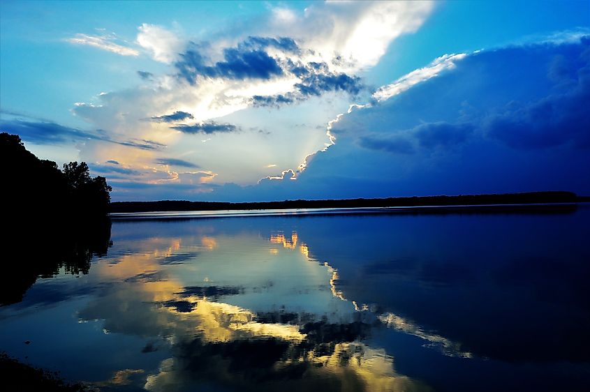 Sunset over Grand Lake in Grove, Oklahoma.