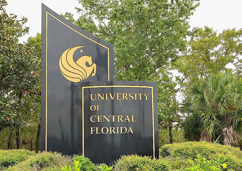 University of Central Florida's main entrance sign at the corner of North Alafaya Trail and University Boulevard